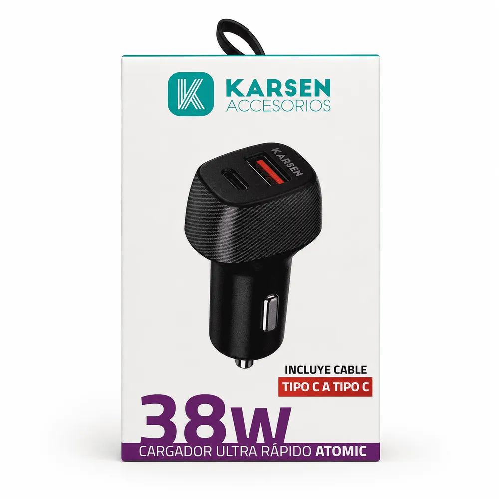 Cargador de auto atomic 38W USB/C con cable tipo C