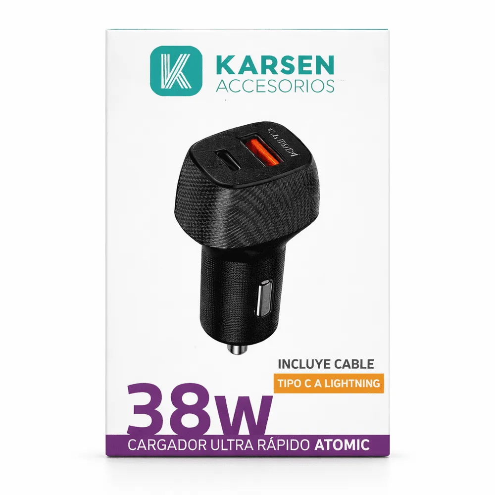 Cargador de auto atomic 38W USB/C con cable iPhone
